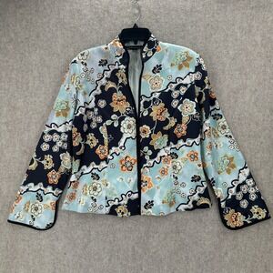 Mesmerize Asian Floral Mandarin Collar Jacket Top Satin Blouse XL Blue Green